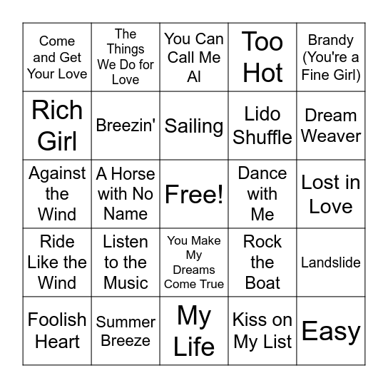 Yacht Rock - Songs Bingo Card