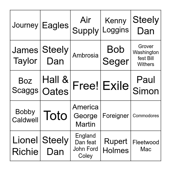 Yacht Rock - Artist Bingo Card
