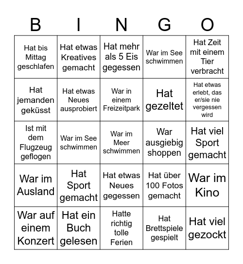 Sommerferien 3b Bingo Card