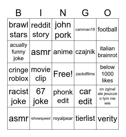 yt shorts bingo Card