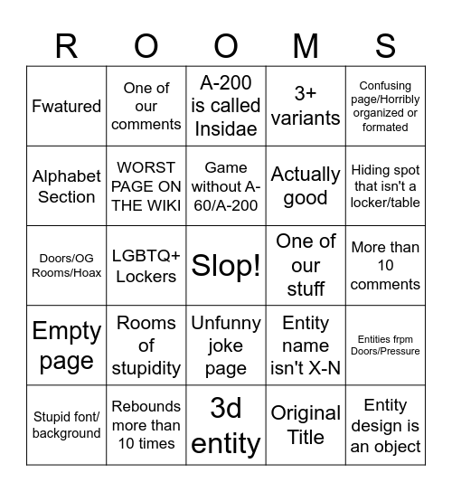 Rooms Ideas Wiki Bingo Card