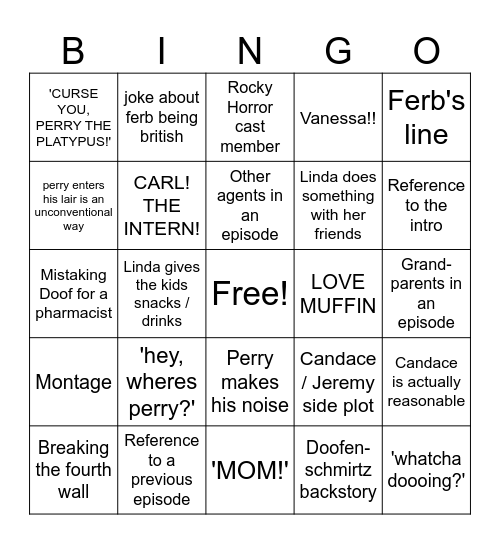 Phineas and ferb Bingo Card