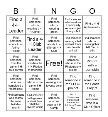 4-H Family Fun Day Bingo Card