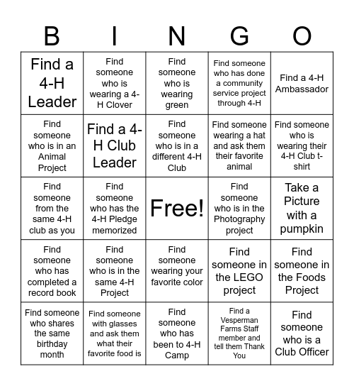 4-H Family Fun Day Bingo Card