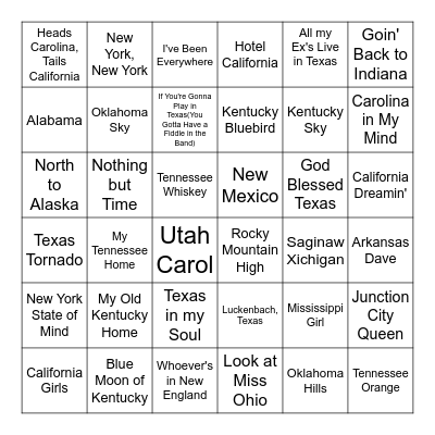 Songs About States Bingo Card