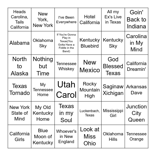 Songs About States Bingo Card