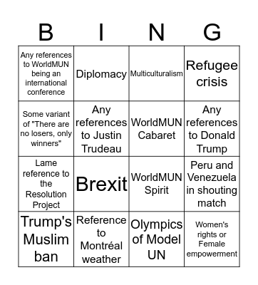 WorldMUN Opening/Closing Ceremony bingo Card