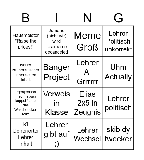Schule Bingo Card
