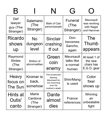Limbus Company Canto 10 Bingo Card