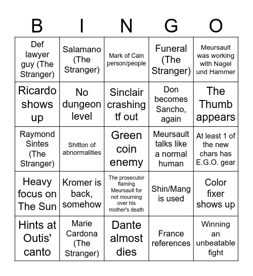 Limbus Company Canto 10 Bingo Card