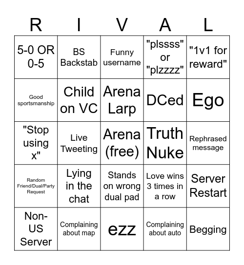 Roblox Rivals Bingo Card