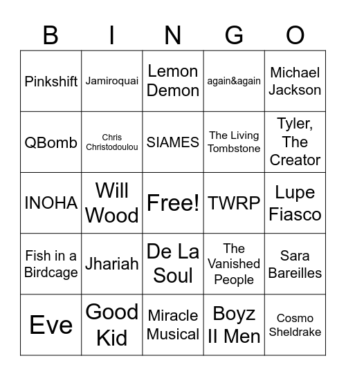 Favorite Artists Bingo Card