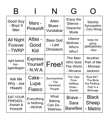 Current Replay Songs Bingo Card