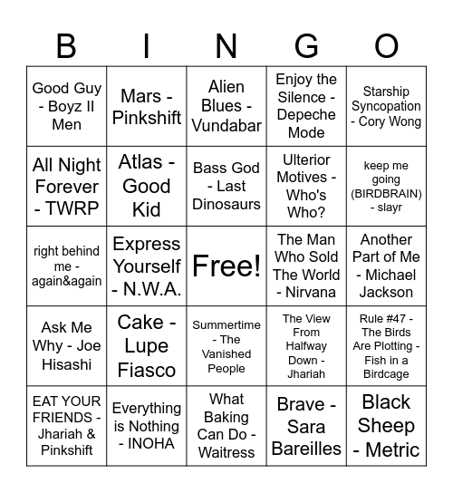 Current Replay Songs Bingo Card