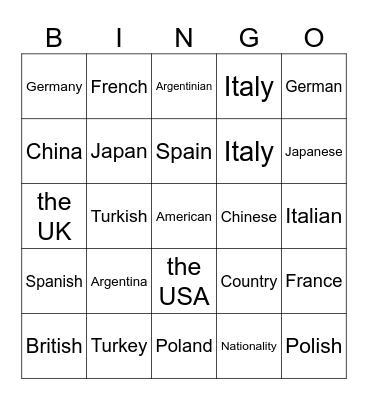 Countries and nationalities Bingo Card