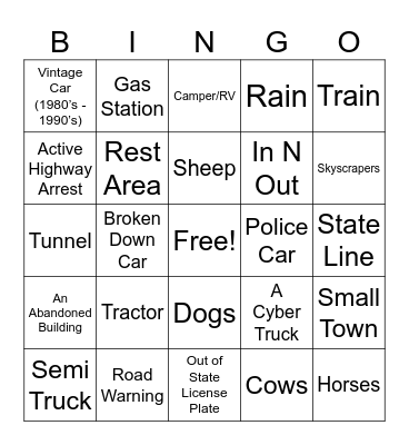 Road Trip Bingo (By Silas 😛) Bingo Card