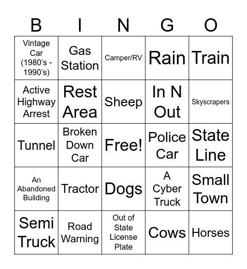 Road Trip Bingo (By Silas 😛) Bingo Card