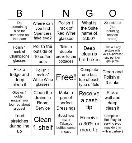 Room Service Bingo Card