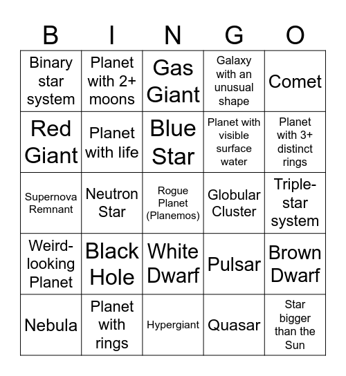 Space Engine Bingo Card