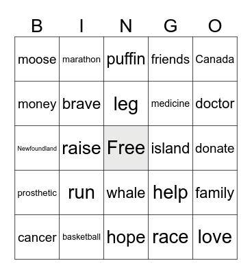 Terry Fox Run Bingo Card