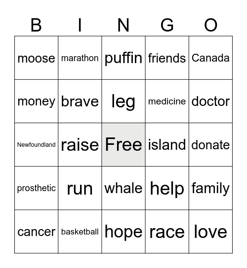 Terry Fox Run Bingo Card