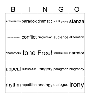 Dictionary Bingo Card