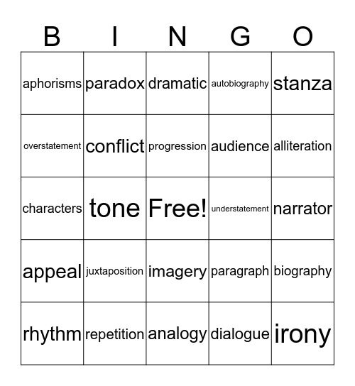 Dictionary Bingo Card