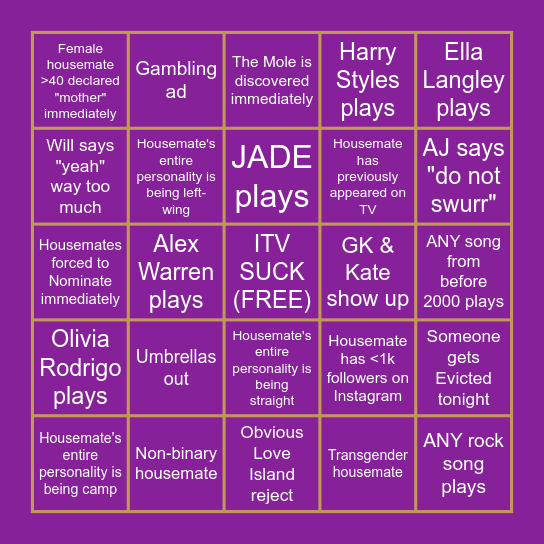 BIG BROTHER 2026 LAUNCH NIGHT BINGO Card
