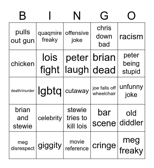 Family guy Bingo Card
