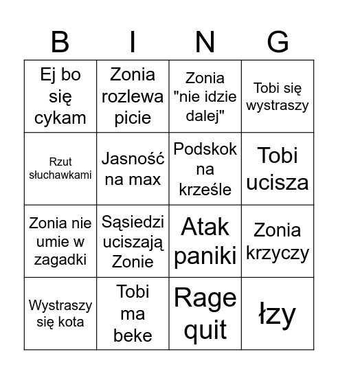 Zonia gra w horror Bingo Card