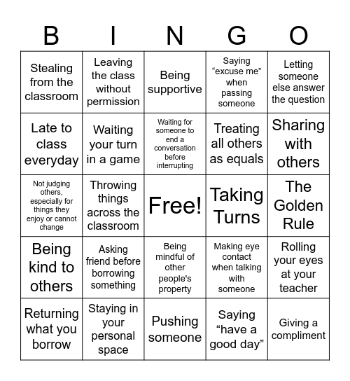 Respectful Bingo Card