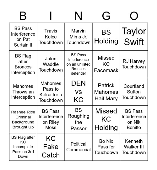 Denver Broncos vs Kansas City Cheats Bingo Card