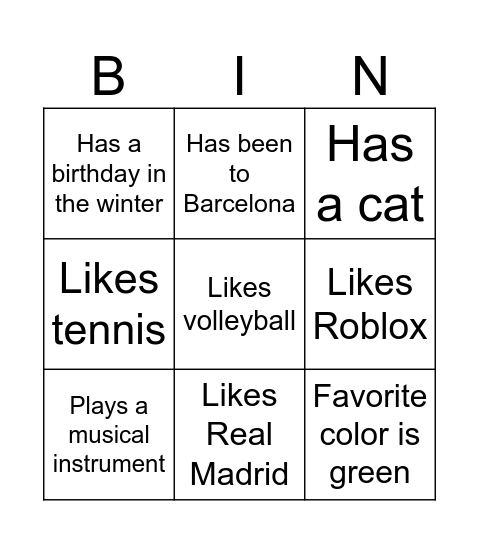 Get to know your classmates Bingo Card