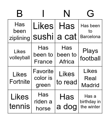 Get to know your classmates Bingo Card