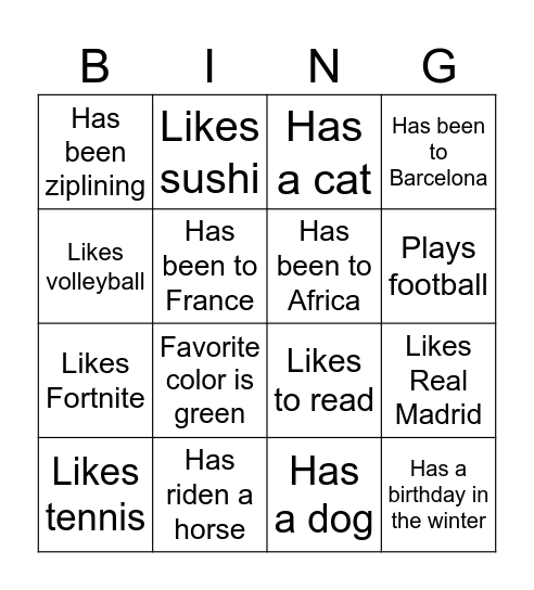Get to know your classmates Bingo Card