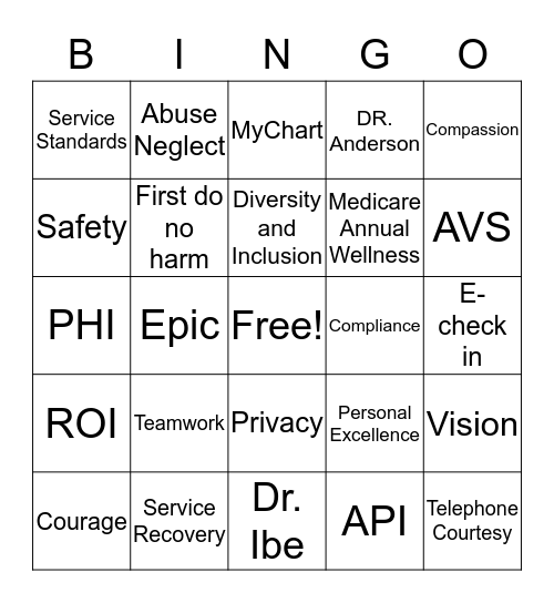 Clerical BINGO Card