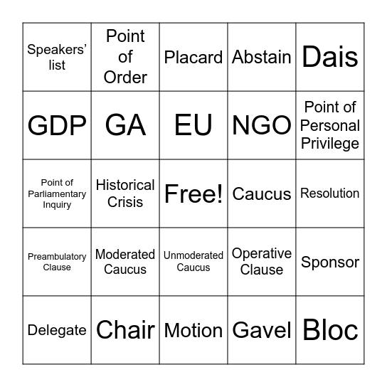 Model UN Bingo Card