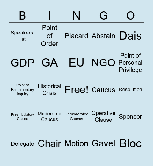 Model UN Bingo Card