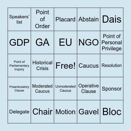 Model UN Bingo Card