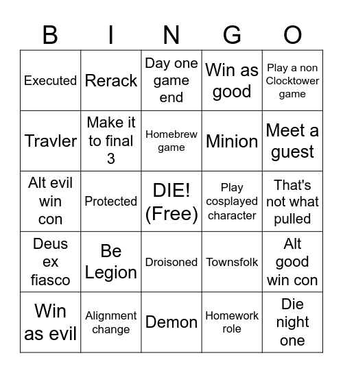 Clocktower Bingo Card