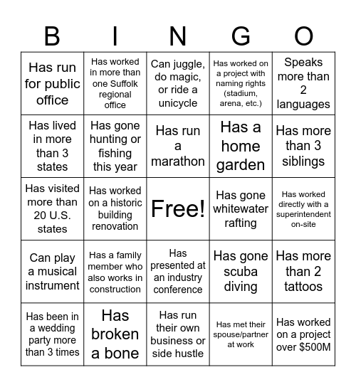 Get To Know You Bingo Card