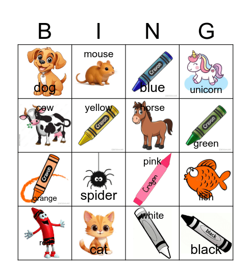 The animals and the colours Bingo Card