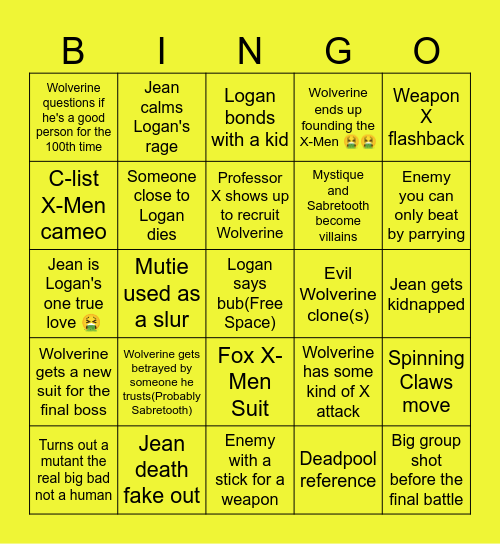 Marvel's Wolverine Bingo Card