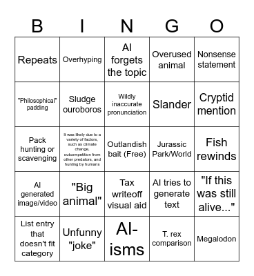 Dinosludge bingo Card