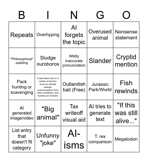 Dinosludge bingo Card
