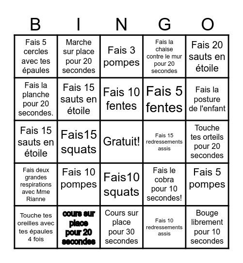 Bingo d'éducation physique Bingo Card