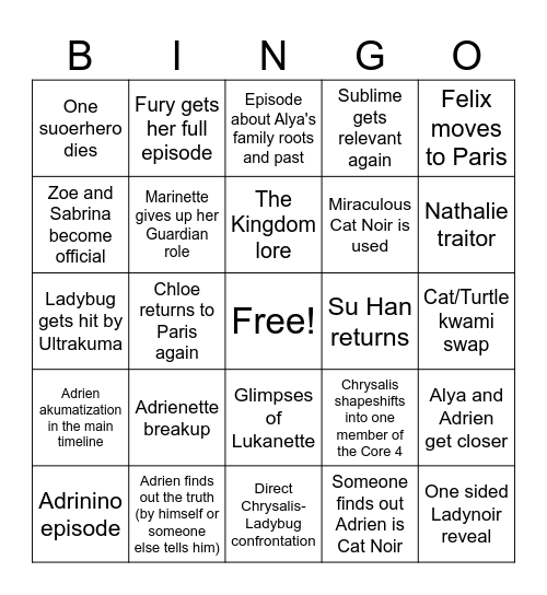 Miraculous Season 7 Bingo Card