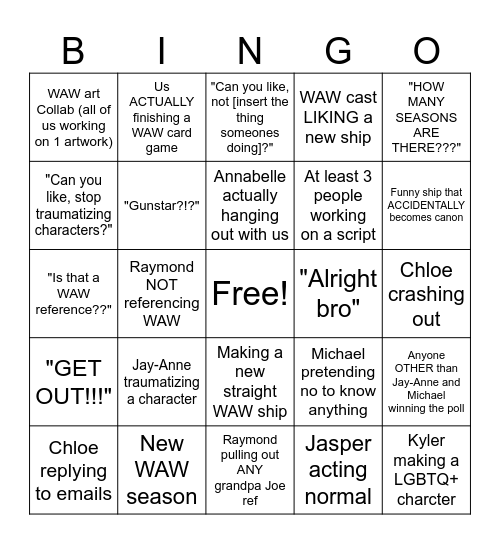 2026-2027 WAW BINGO CARD Bingo Card