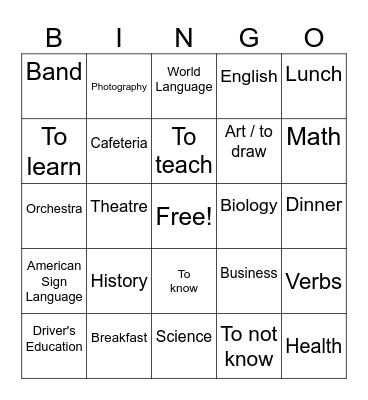 School Vocabulary 1 Bingo Card