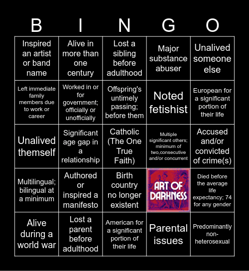 Art of Darkness Bingo v1.0 Bingo Card